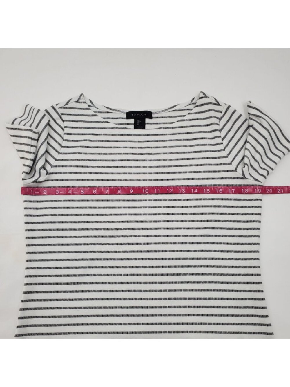 Tahari Women's White/Black Stripe Short Sleeve Boat Neck Blouse Size Large - Picture 7 of 9